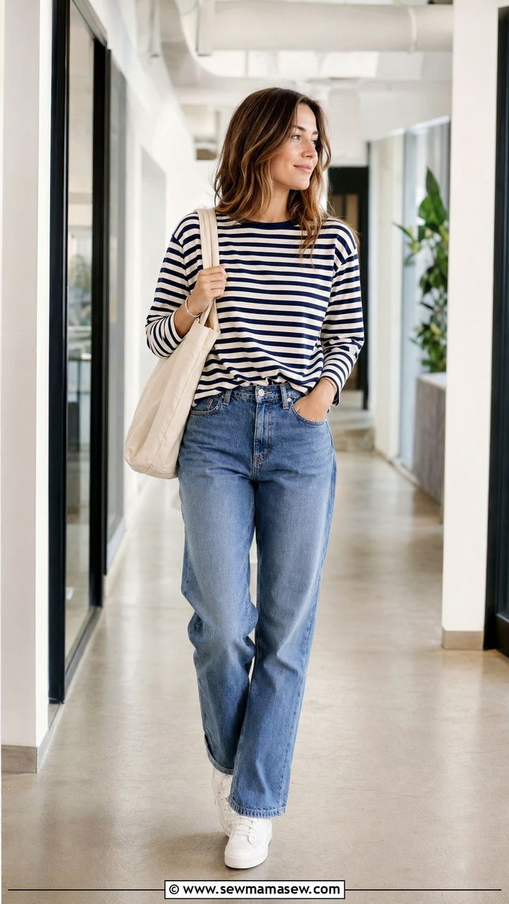 Striped shirt with relaxed jeans for casual Friday - 30 Work outfits with jeans