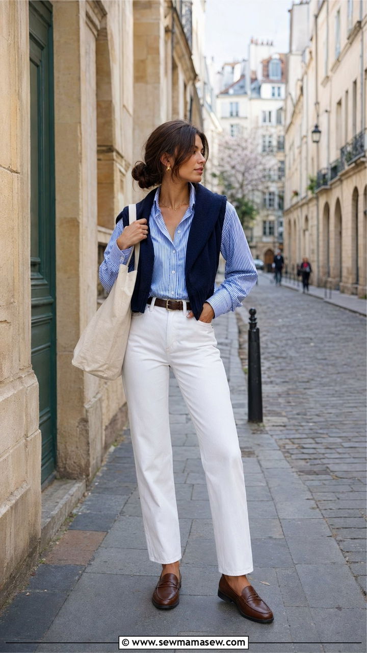 Striped shirt with white jeans and a sweater over the shoulders - 35 Paris spring outfit ideas
