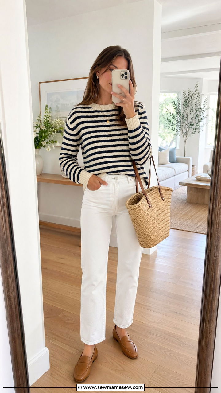 Striped sweater and white jeans outfit - 35 spring simple outfit ideas