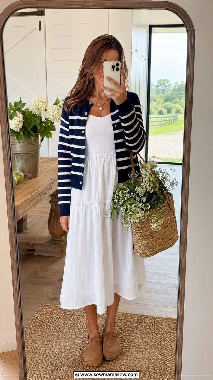 Striped sweater layered over white dress outfit - 35 coastal grandmother outfits ideas