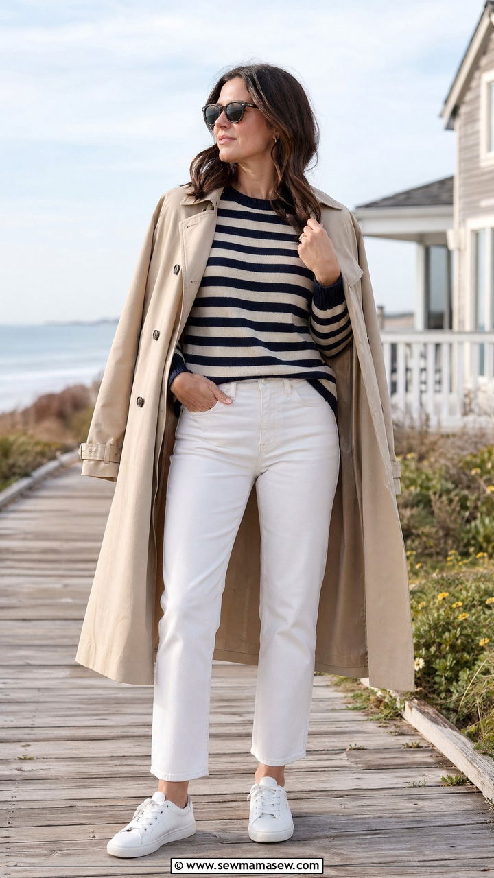 Striped sweater with white jeans and sneakers - 35 Sweater weather outfit ideas