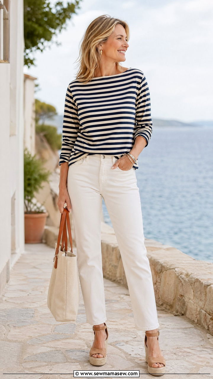 Striped sweater with white jeans - 35 Classy outfits for women over 40