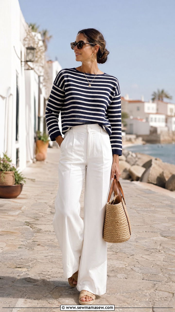 Striped sweater with white wide leg trousers - 35 classy outfit ideas for women
