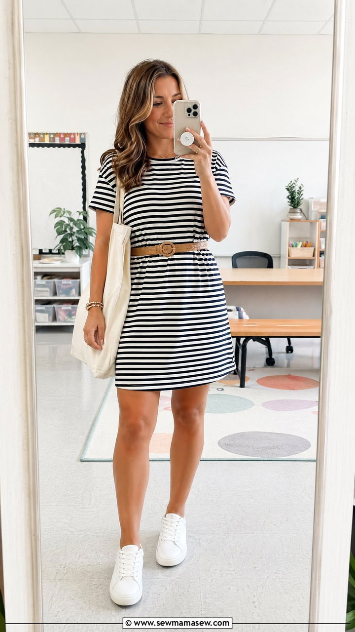 Striped t shirt dress with white sneakers - 35 Teacher outfits for spring