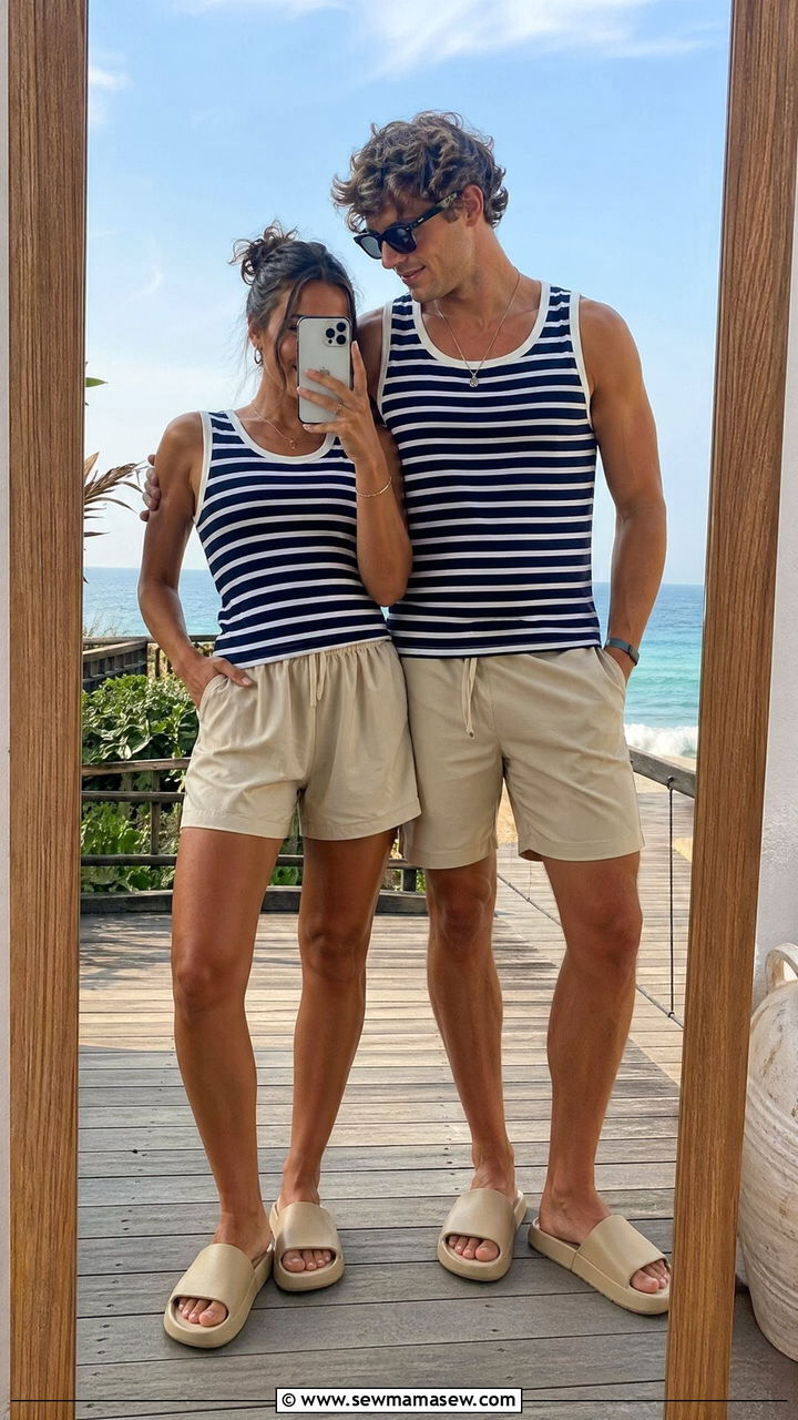Striped tank top and beach shorts duo - 35 Summer matching outfits for couples