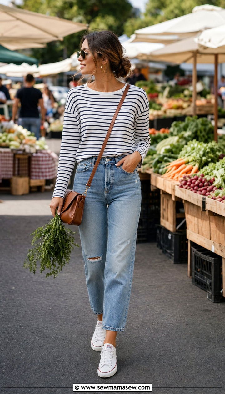 Striped tee and distressed jeans outfit - 35 Outfit ideas for moms