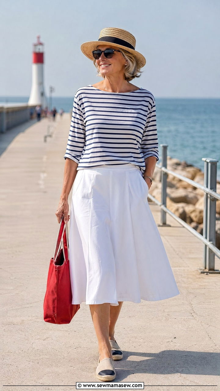 Striped tee and white skirt summer outfit for women over 50 - 35 What to wear in summer for women over 50