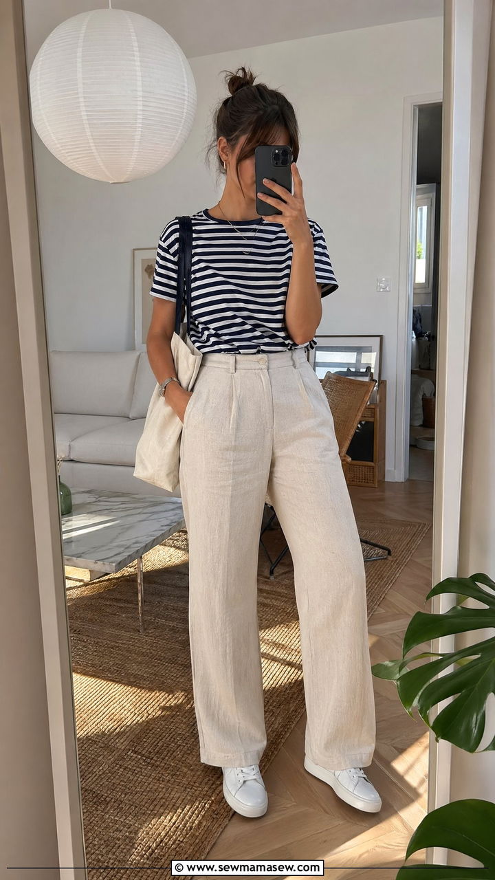 Striped tee with beige linen pants and white sneakers - 35 Summer business casual outfits for women