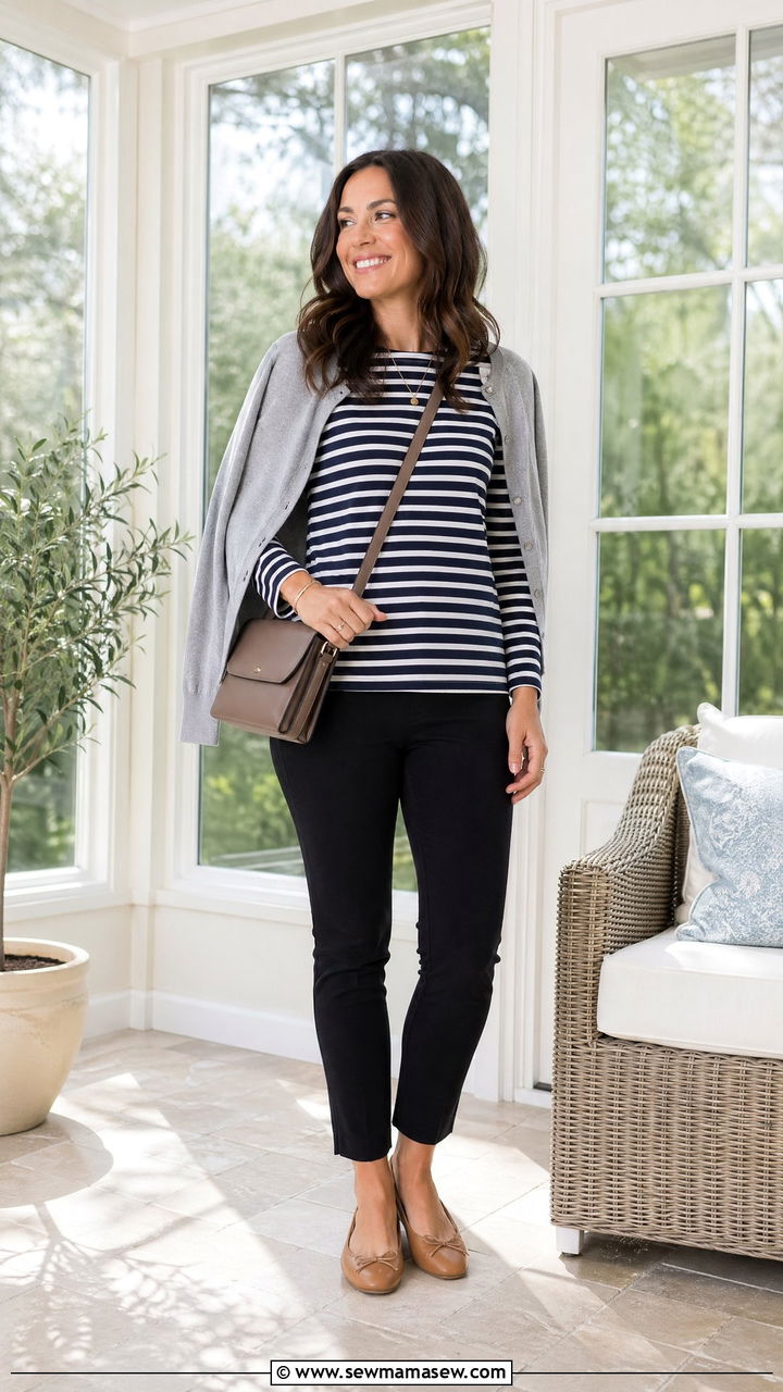 Striped top and black ankle pants outfit - 35 Casual outfits for moms