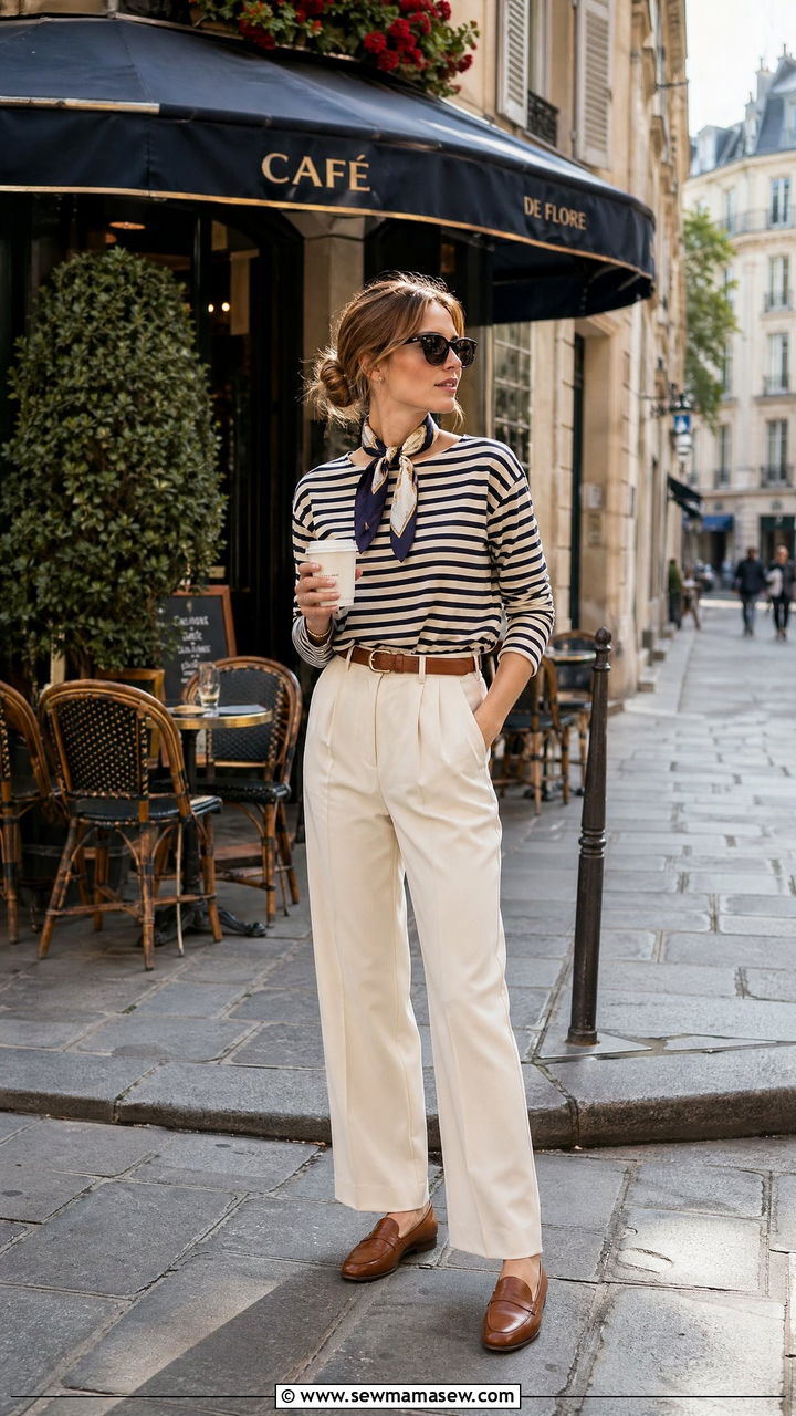 Striped top and trousers travel outfit - 35 Travel day outfit ideas