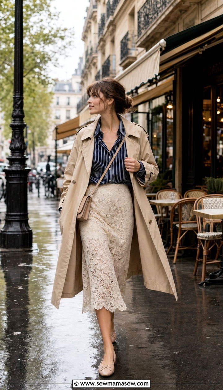 Striped top with a lace skirt and ballet flats - 30 April showers outfit ideas