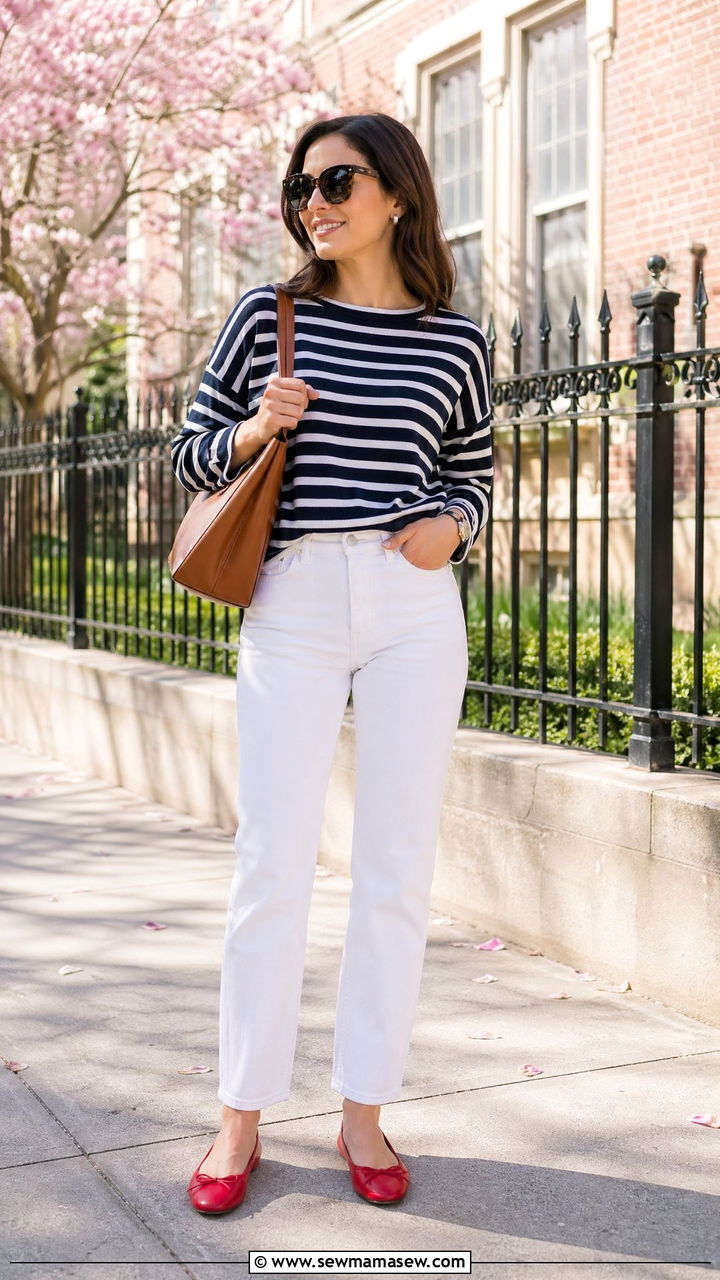 Striped top with white jeans and red ballet flats - 35 spring teacher outfit ideas