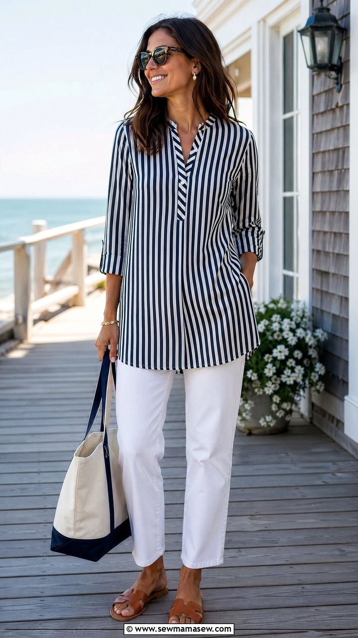 Striped tunic with white pants and flat slides - 35 Tunic outfit ideas
