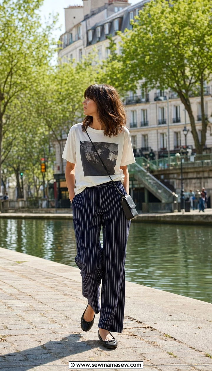 Striped wide leg pants with a graphic tee and ballet flats - 35 Paris spring outfit ideas