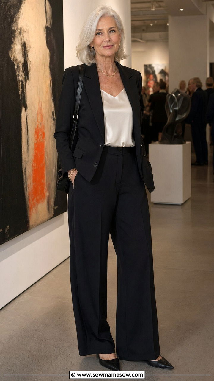 Structured Black Blazer with Wide Leg Trousers - 30 Best blazers for women over 60