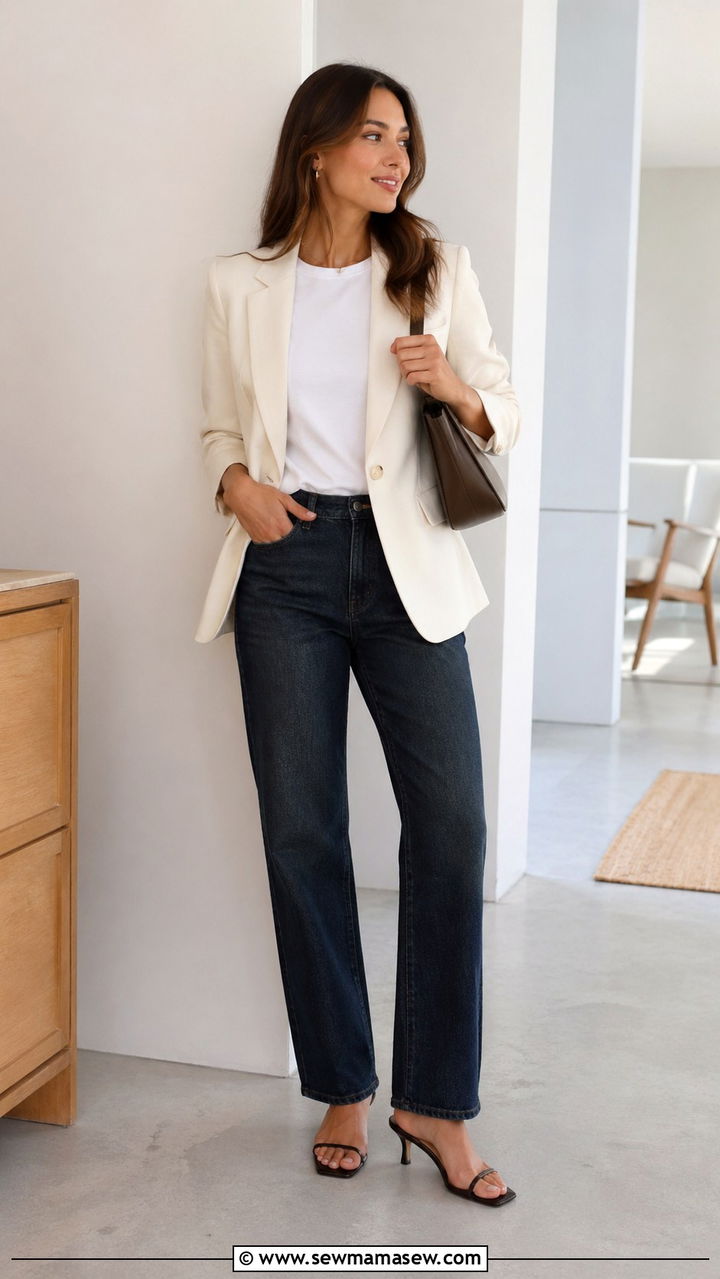 Structured Blazer With Dark Wash Jeans And Heeled Sandals - 35 Elevated work outfit ideas