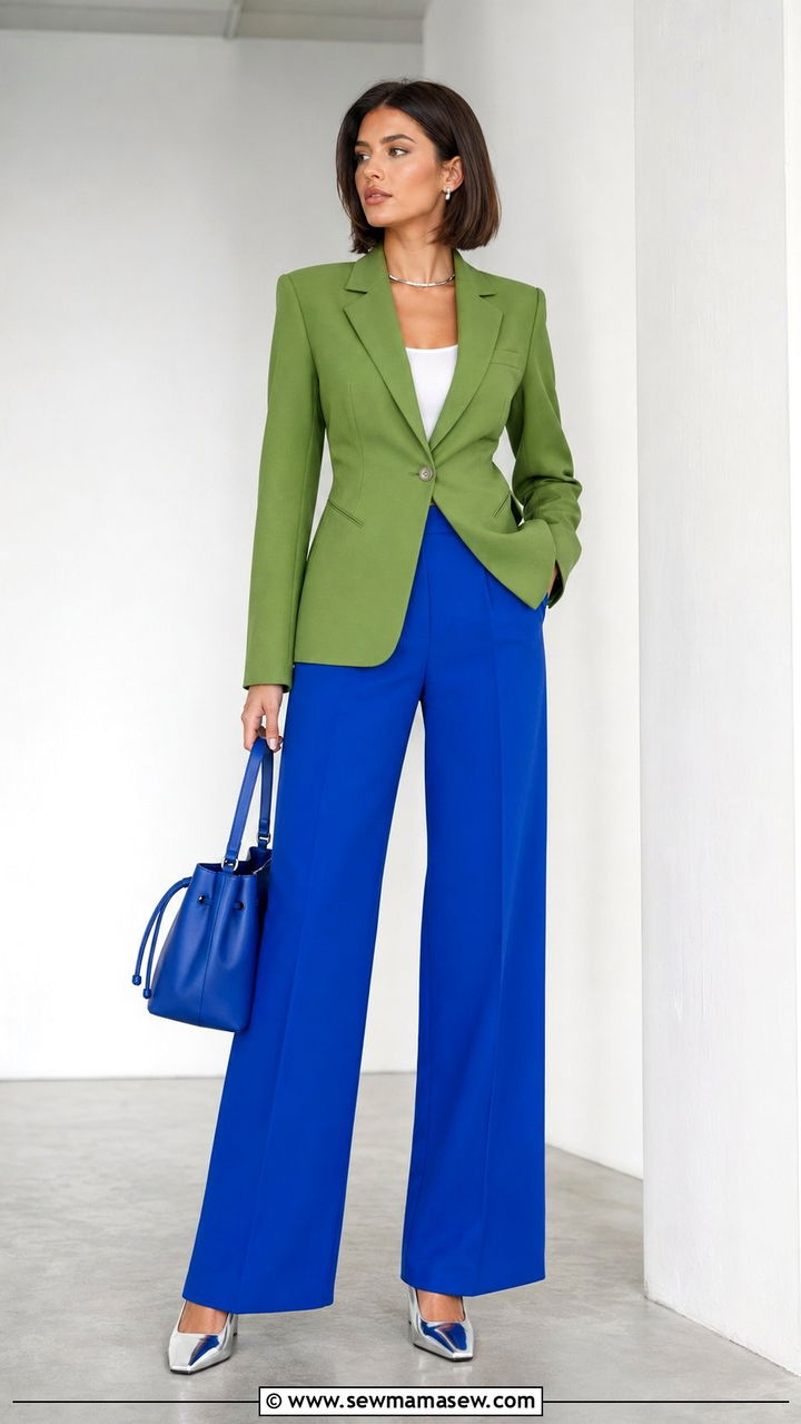 Structured Green Blazer with Cobalt Blue Wide Leg Trousers - 30 Blue and green outfit ideas