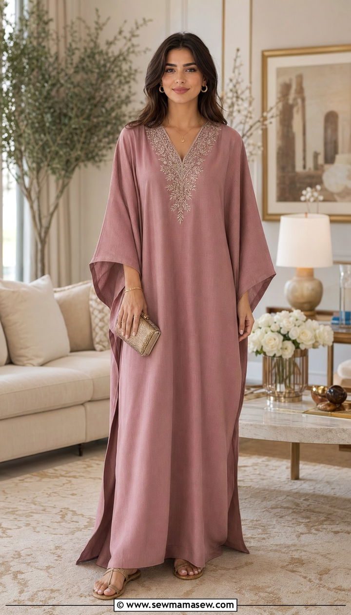 Structured Kaftan With Embroidered Neckline And Flat Sandals - 35 Ramadan outfit ideas for women