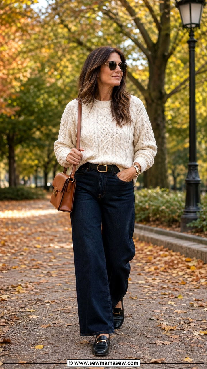 Structured Knit Sweater with Loafers - 30 Wide leg jeans outfit ideas for women over 40