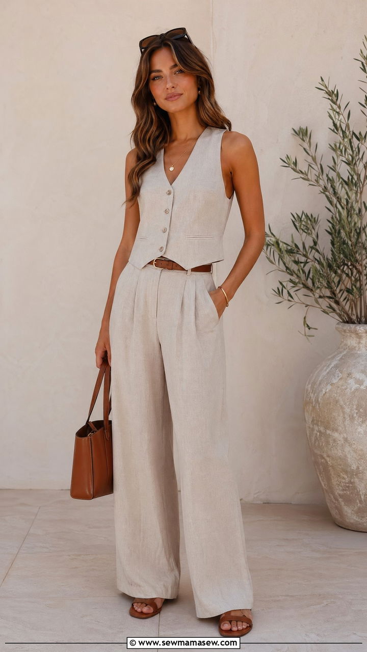 Structured Linen Vest with Matching Wide Leg Pants - 35 Summer outfit formulas