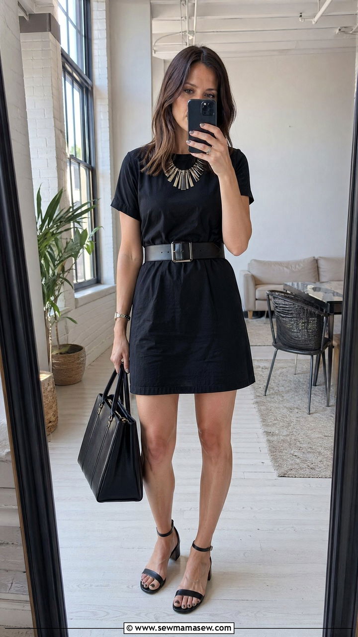Structured T Shirt Dress with Statement Necklace - 35 summer interview outfit ideas