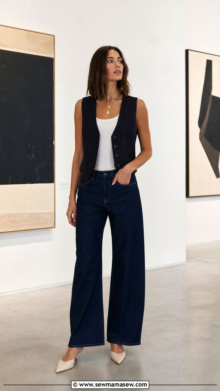 Structured Vest with Wide Leg Jeans - 35 Outfit ideas for tall women