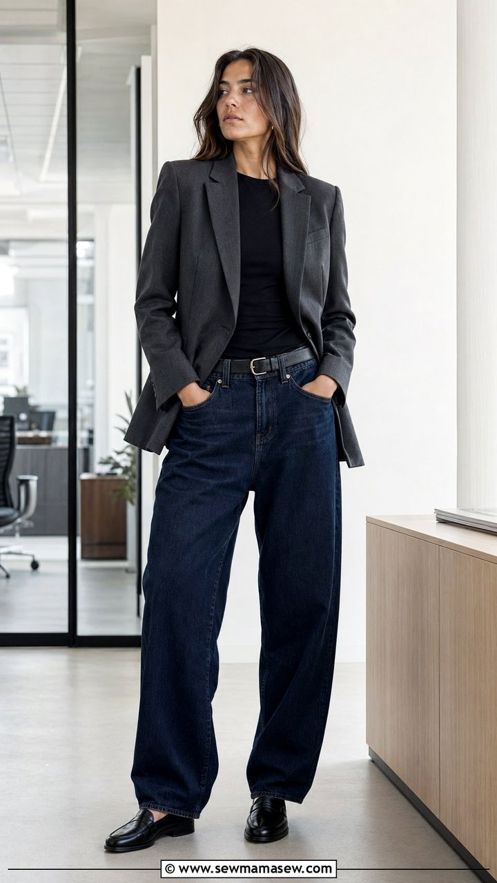 Structured blazer with dark wash baggy jeans - 30 Baggy jeans outfit ideas with a blazer