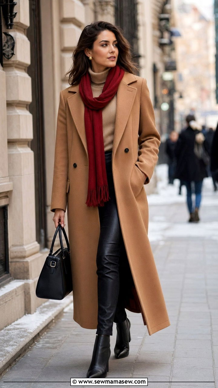 Structured camel coat with beige turtleneck and scarf outfit - 35 Quiet luxury outfit ideas