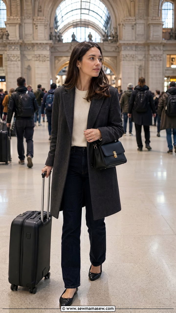 Structured coat with dark jeans and flats cold weather travel outfit - 35 Travel outfit ideas for women over 40