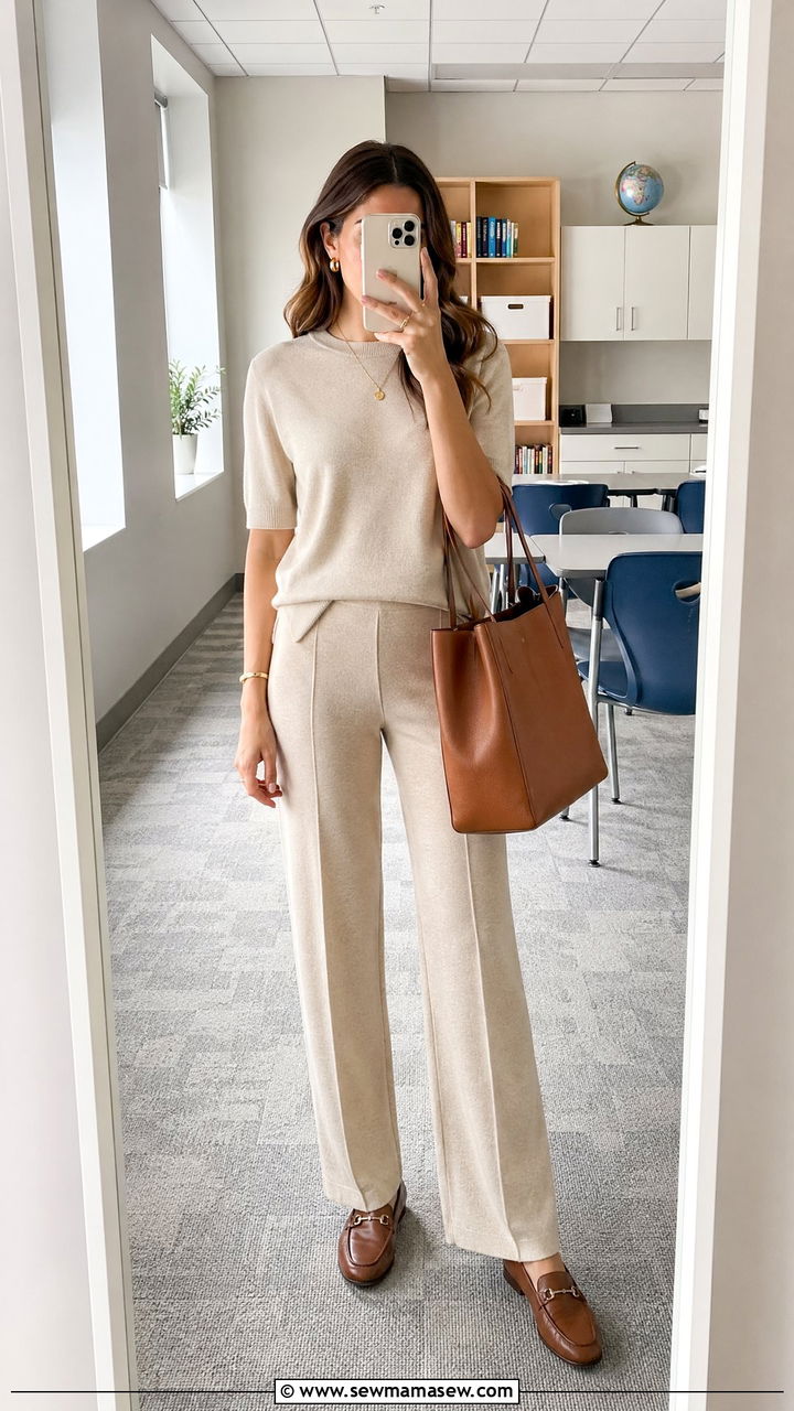 Structured knit set with loafers interview outfit - 35 Teacher interview outfit ideas