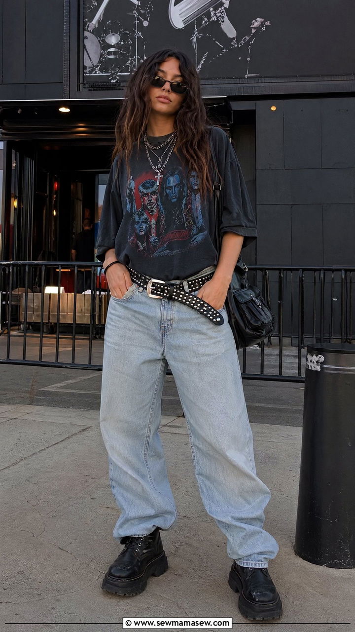 Studded Belt Over Graphic Tee And Baggy Jeans Outfit - 35 Y2K outfits 2026