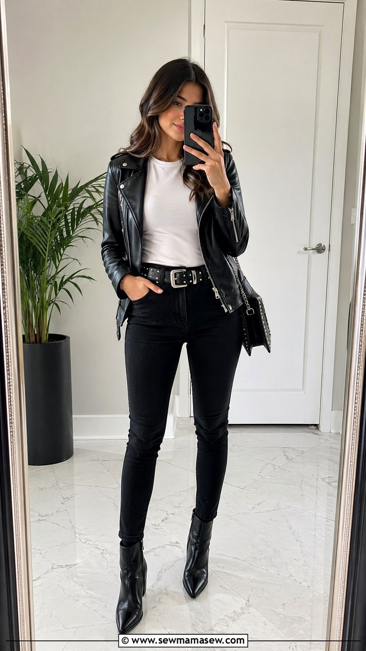 Studded Belt With White Fitted Tee And Black Skinny Jeans And Moto Jacket - 30 spring edgy outfits
