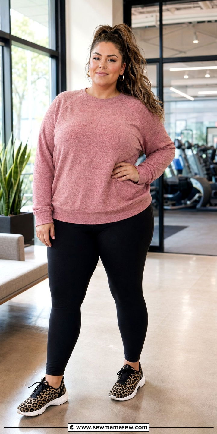 Stylish Pink Sweatshirt and Fitted Leggings - 35 Plus size gym outfit ideas