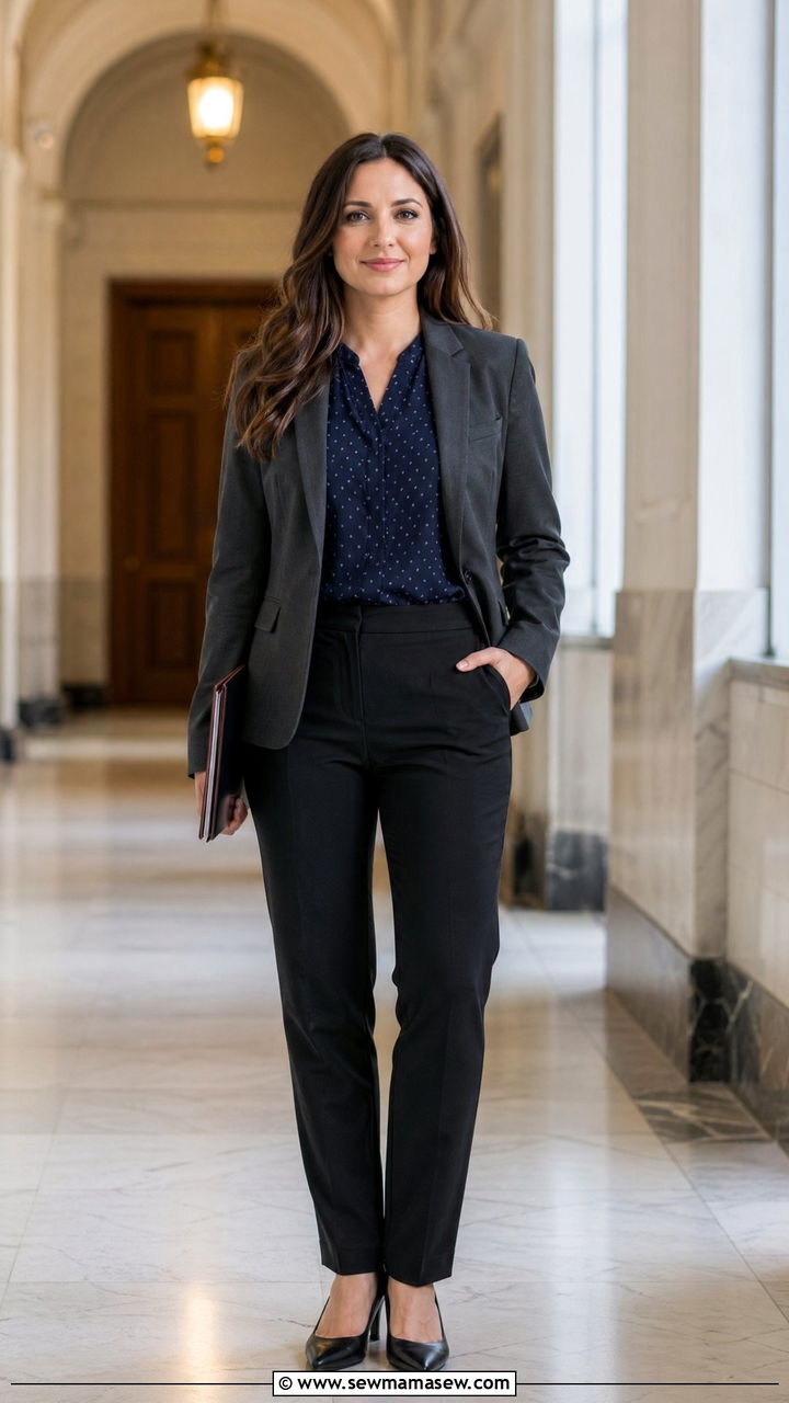 Subtle Printed Blouse With Solid Blazer And Trousers - 35 Court reporter outfit ideas