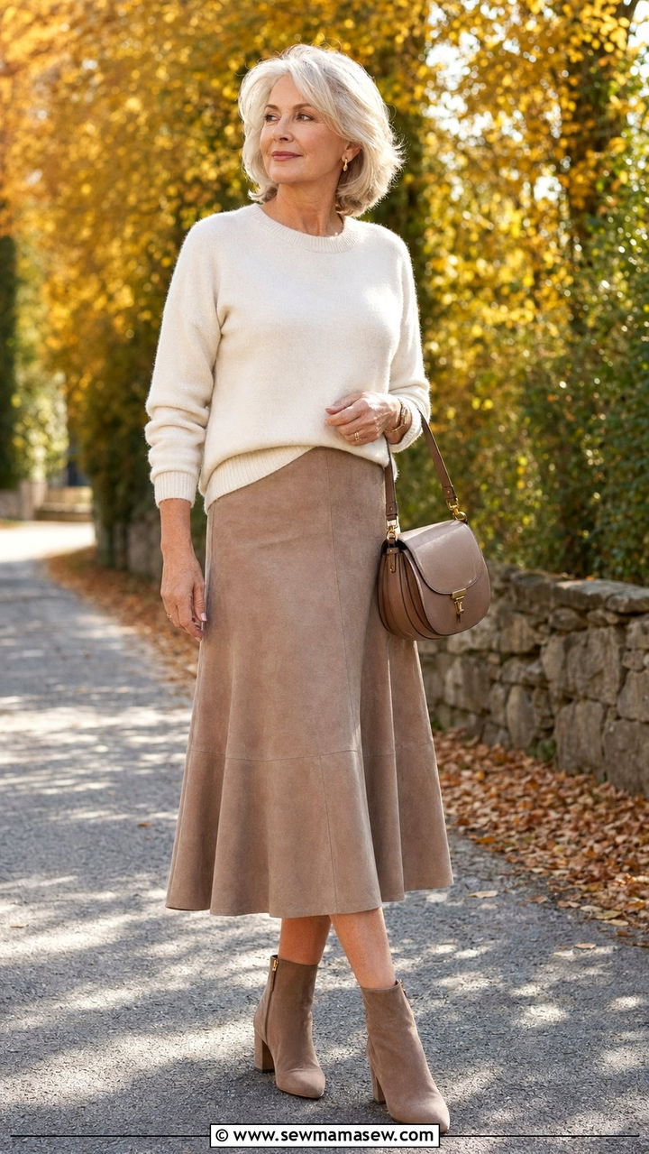 Suede A line skirt with a cashmere sweater - 30 Best skirts for women over 60