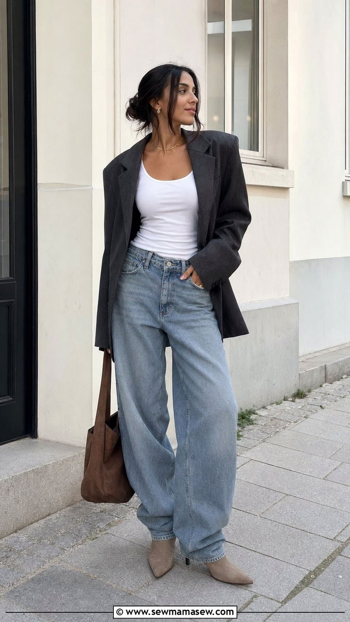 Suede Ankle Boots With Baggy Jeans And Oversized Blazer Outfit - 30 Ankle boots outfit ideas with jeans