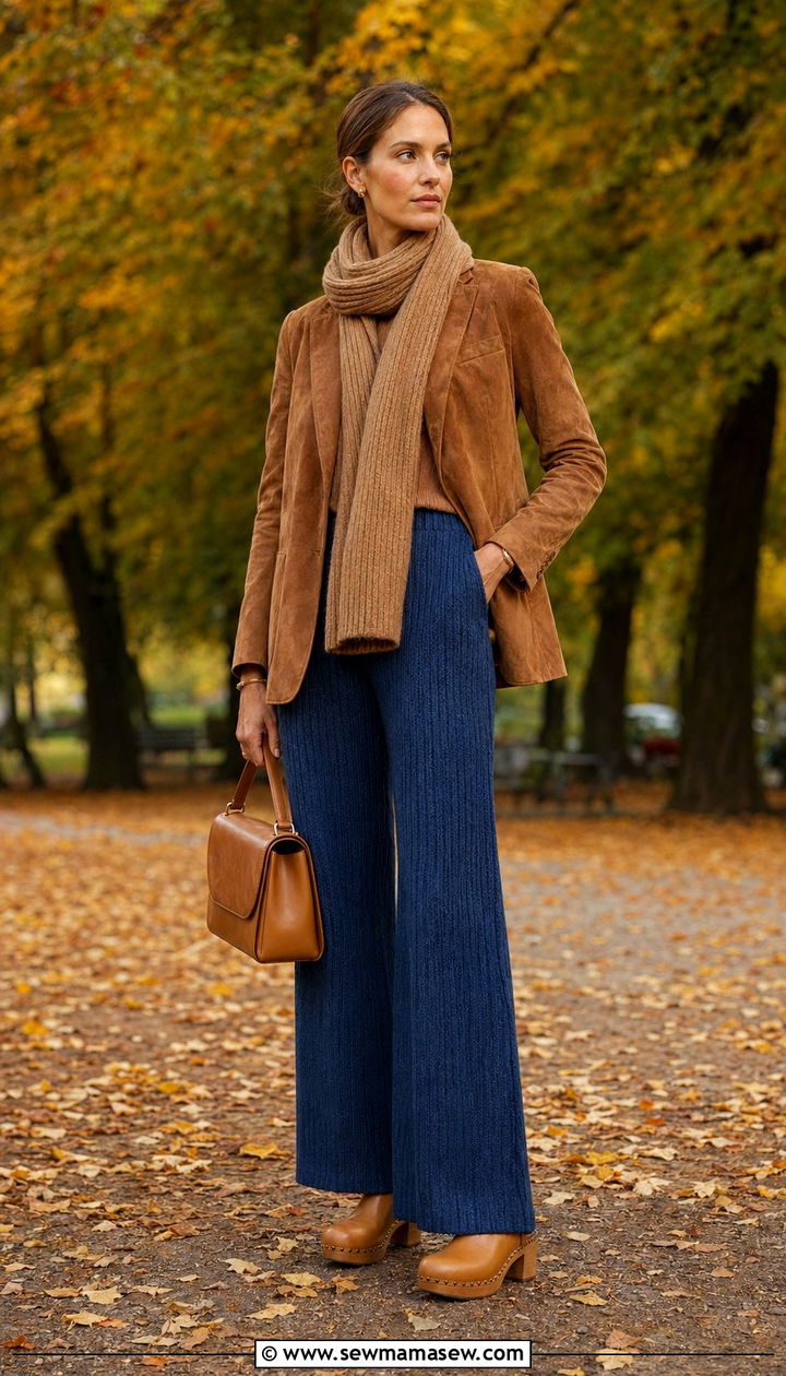 Suede Blazer and Textured Wide Leg Trouser Outfit - 35 scandinavian outfits for women