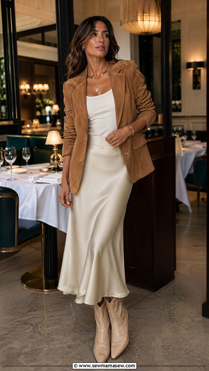 Suede Blazer with Silk Slip Skirt and Pointed Boots - 35 Western chic outfit ideas