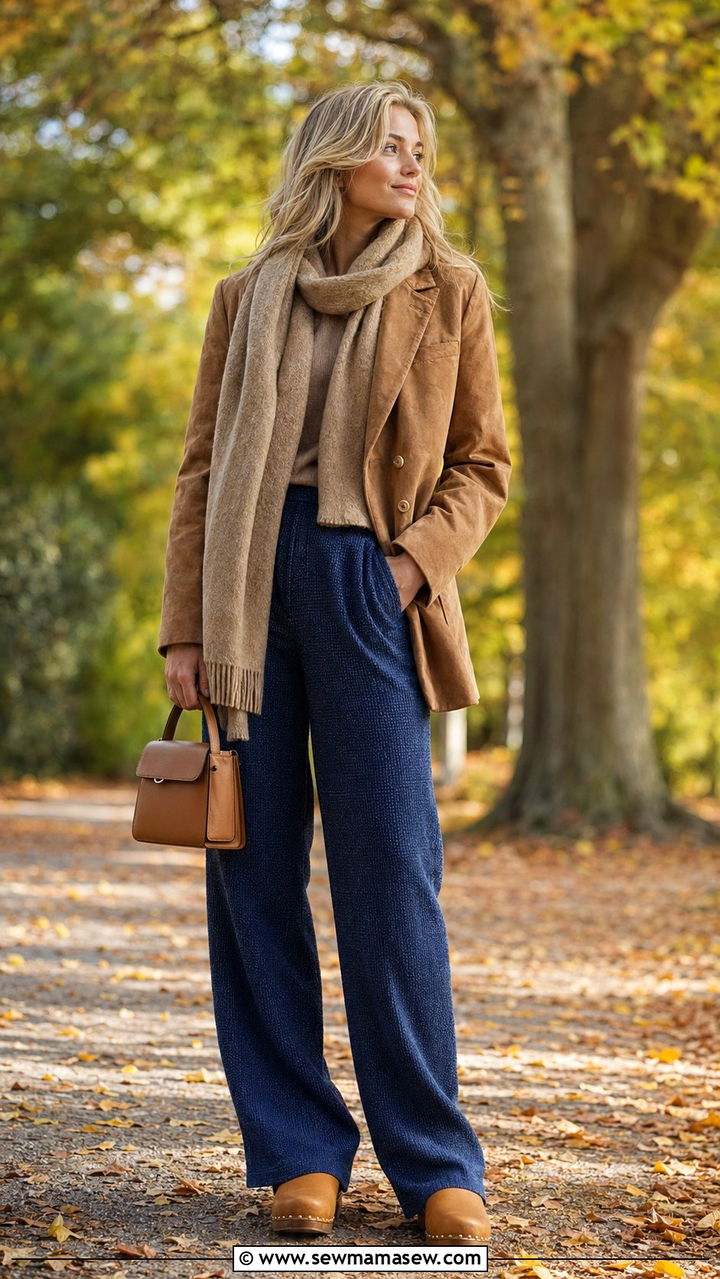 Suede Blazer with Textured Trousers Outfit - 35 Scandinavian outfit ideas