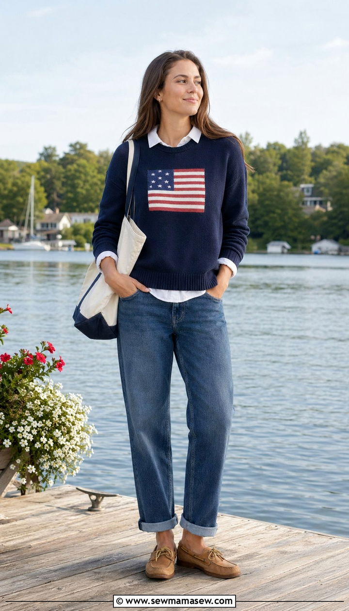 Suede Boat Shoes with Flag Sweater and Jeans - 35 Nautical outfit ideas