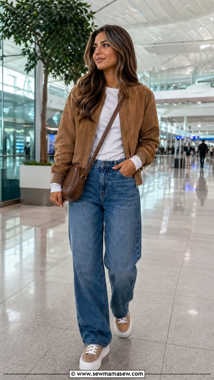 Suede Bomber Jacket and StraightLeg Jeans - 30 Airport outfit ideas for red eye flight