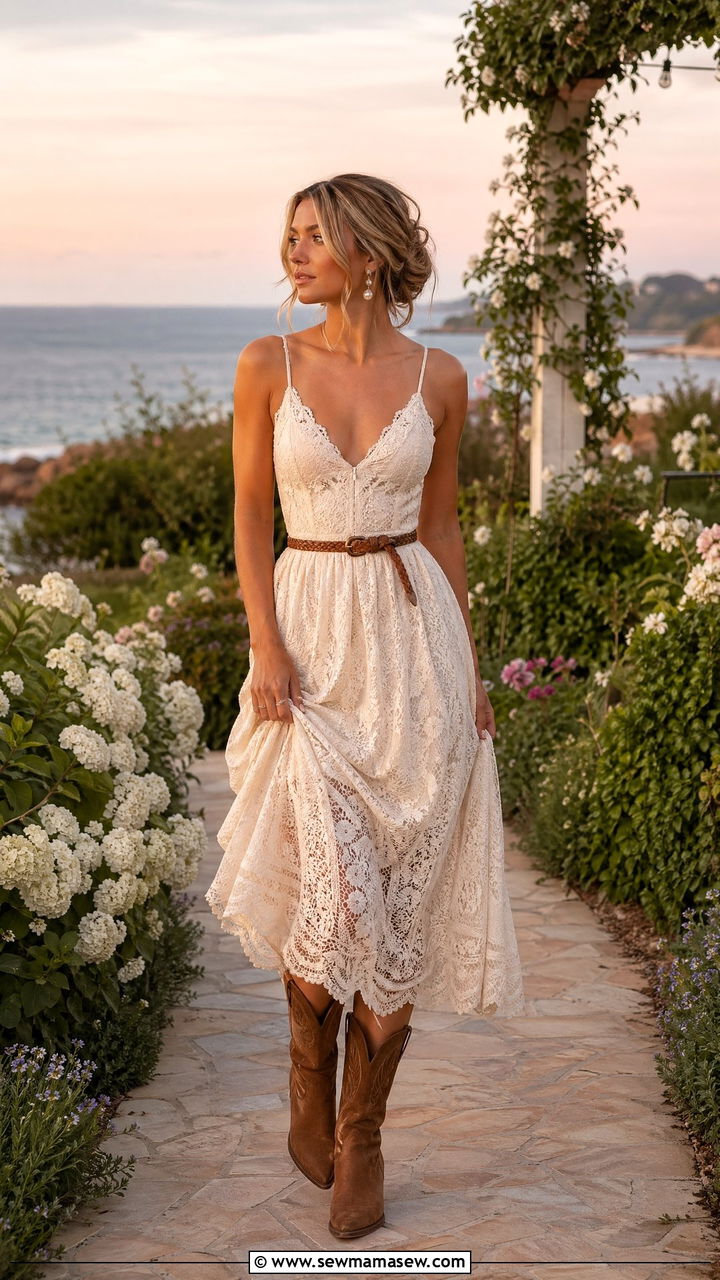 Suede Boots With Lace Midi Dress - 35 Coastal cowgirl outfit ideas