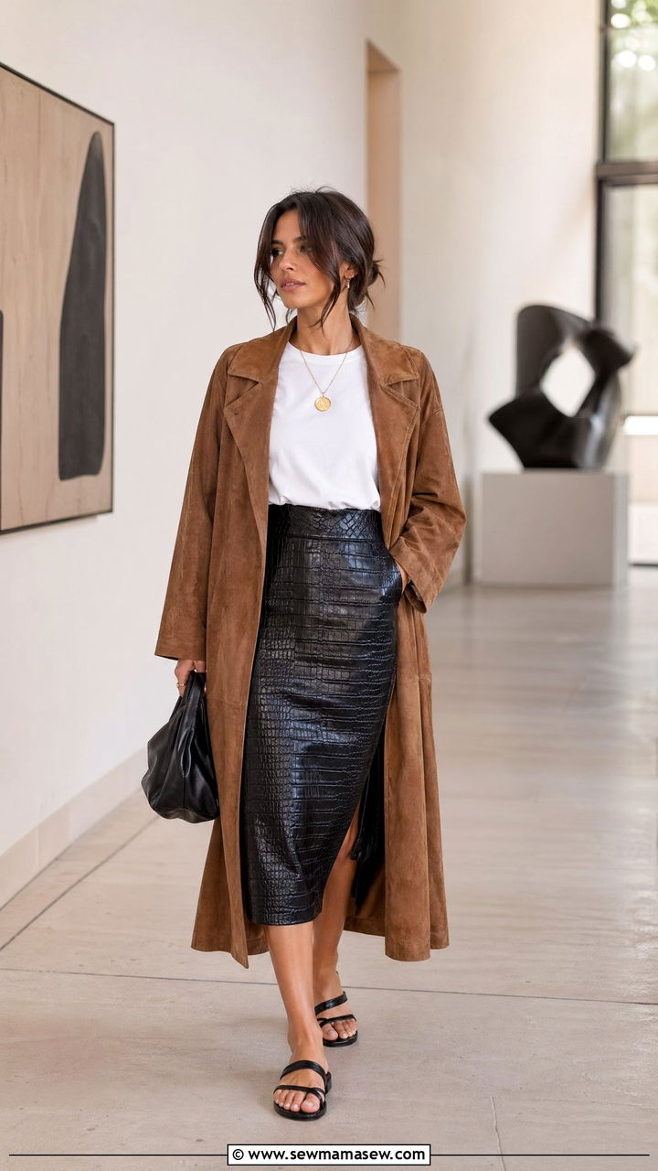 Suede Coat With White Tee And Crocodile Embossed Midi Skirt - 35 classy summer to fall outfits