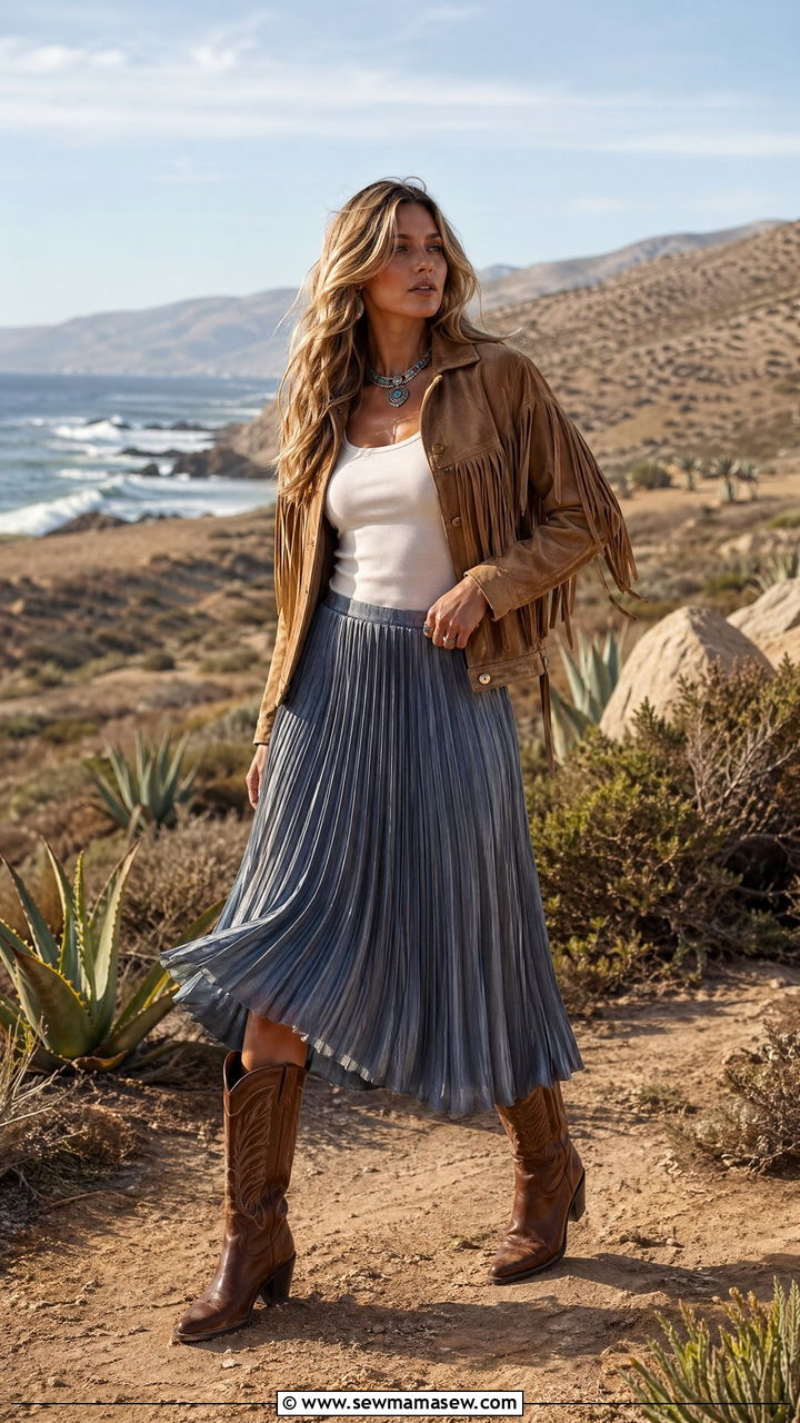 Suede Fringe Jacket Over Flowy Midi Skirt With Cowboy Boots - 35 coastal cowgirl outfits 2026