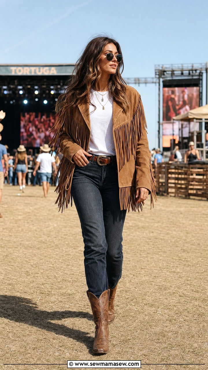 Suede Fringe Jacket Over Plain White Tee - 30 western capsule wardrobe outfits