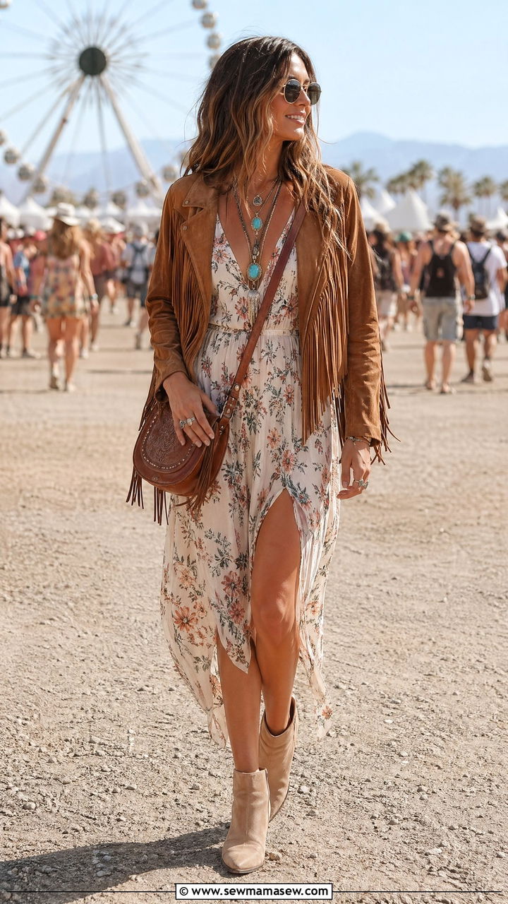 Suede Fringe Jacket With Floral Dress Boho Spring - 35 spring boho outfit ideas