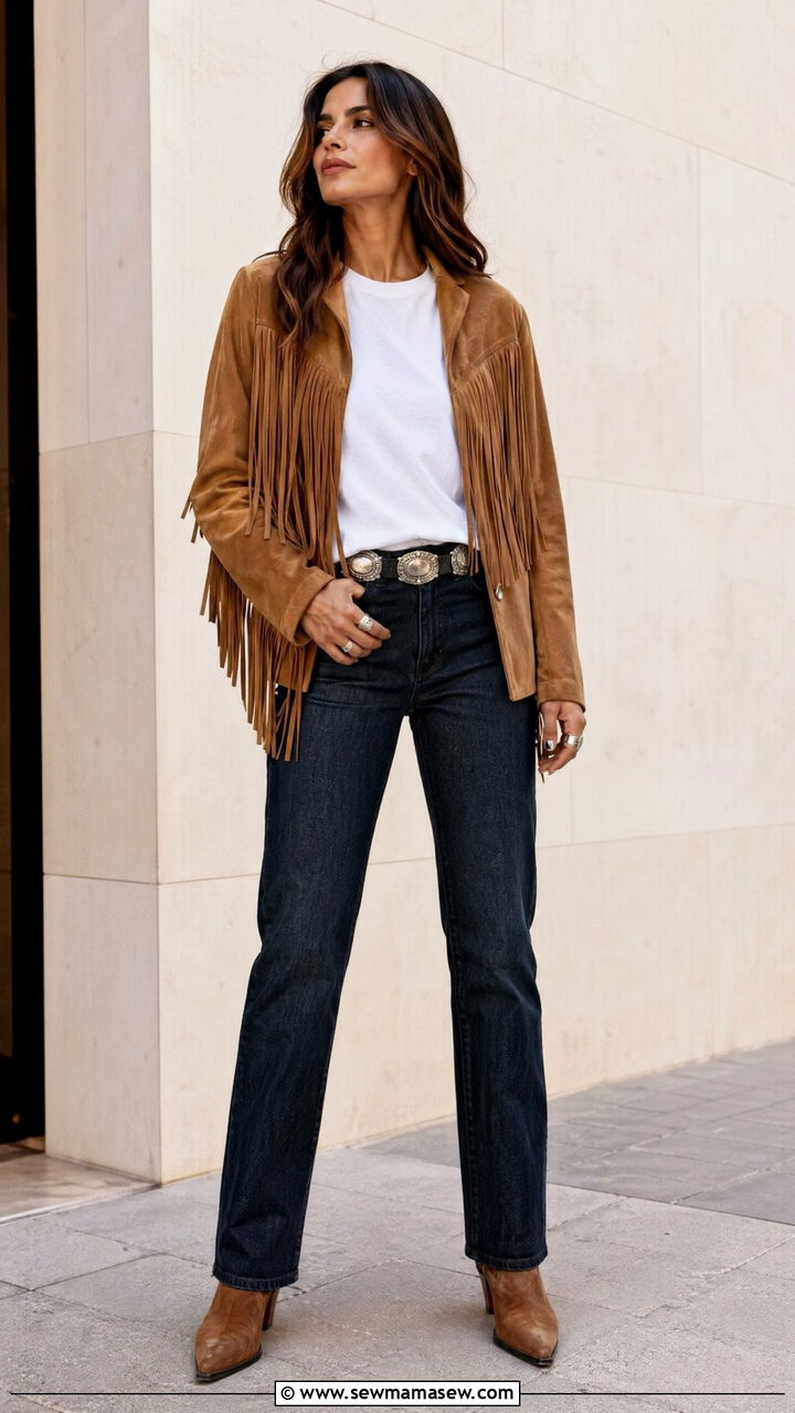 Suede Fringe Jacket With White Tee And Dark Jeans - 35 Western boho outfit ideas