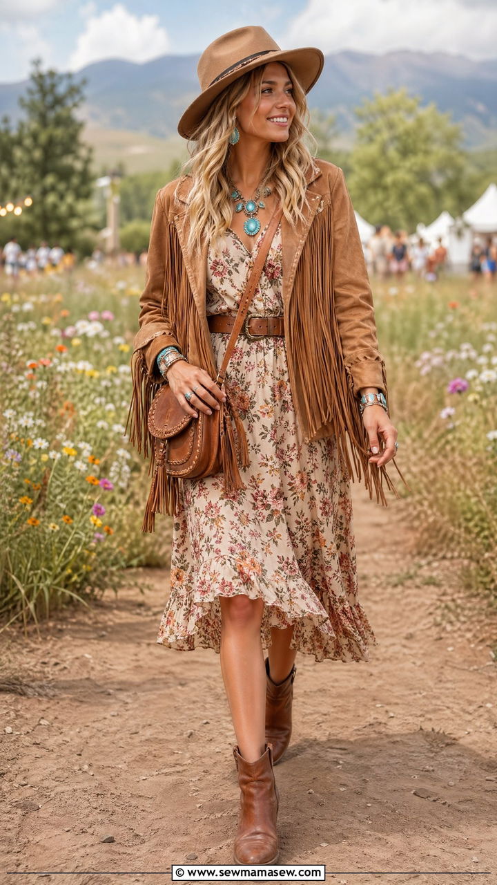 Suede Fringe Jacket over Floral Midi Dress - 35 spring boho chic outfits