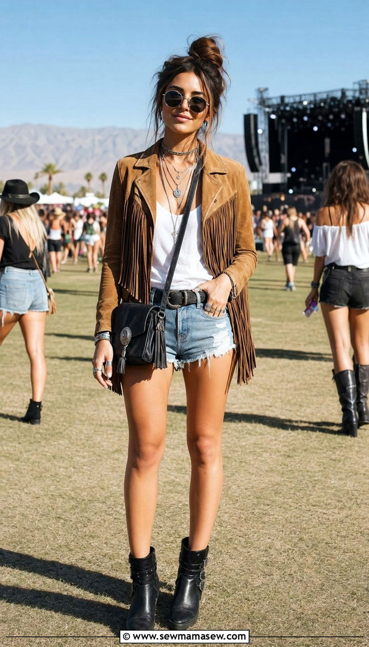 Suede Fringe Jacket with Denim Cutoffs and Ankle Boots - 30 What to wear to a summer festival