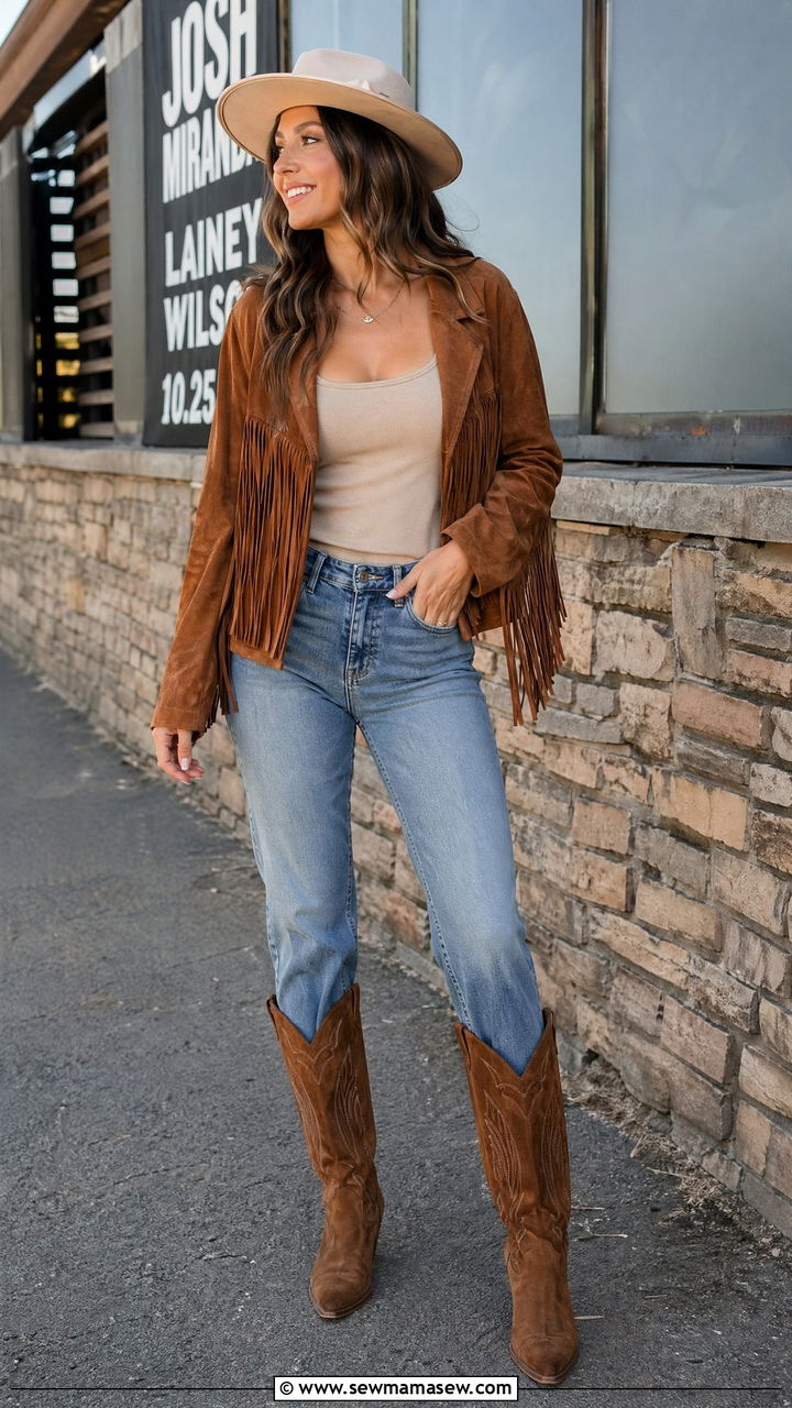 Suede Fringe Jacket with Relaxed Jeans - 35 Country concert outfit ideas